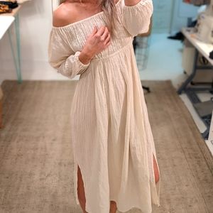 Crinkle Cotton Off Shoulder Empire Midi Dress